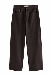 Jean noir à jambes larges avec bouton et fermeture éclair devant, cinq poches et passants de ceinture, présenté à plat sur fond blanc.