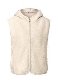Gilet en polaire couleur crème avec capuche, doté d'une fermeture éclair à l'avant et d'arêtes lisses. Texture douce avec un design décontracté, sans manches.