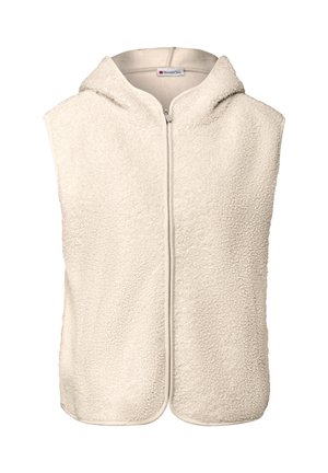 Cream-colored fleece vest with a hood, featuring a front zipper and smooth edges. Soft texture with a casual design, no sleeves.