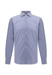 Camisa de manga larga a rayas azul y blanca con cuello puntiagudo y cierre de botones en la parte frontal. Tejido suave con textura uniforme.