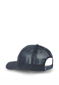 Navy blue baseball cap with a solid front and mesh back; curved brim and adjustable snapback closure; features ventilation through mesh.