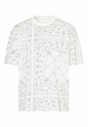T-shirt bianco con un motivo paisley e geometrico nero, maniche corte e scollatura a girocollo. Tessuto morbido e leggero con vestibilità comoda.