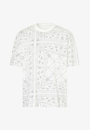 T-shirt bianco con un motivo paisley e geometrico nero, maniche corte e scollatura a girocollo. Tessuto morbido e leggero con vestibilità comoda.