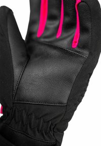 Black gloves featuring a textured leather palm, elastic cuff, and vivid pink accents on the fingers. Durable fabric with a smooth finish.