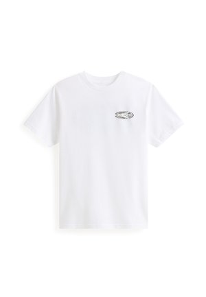 Witte katoenen t-shirt met een kleine, multicolore grafische print op de linkerkant van de borst. Ronde halslijn en korte mouwen.