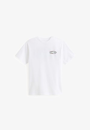 T-shirt bianca in cotone con un piccolo design grafico multicolore sul lato sinistro del petto. Collo arrotondato e maniche corte.