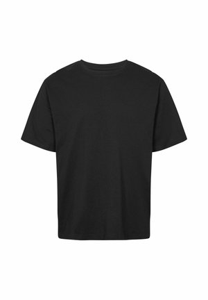 Effen zwarte T-shirt met korte mouwen en een ronde hals, met een ontspannen pasvorm, getoond tegen een witte achtergrond.