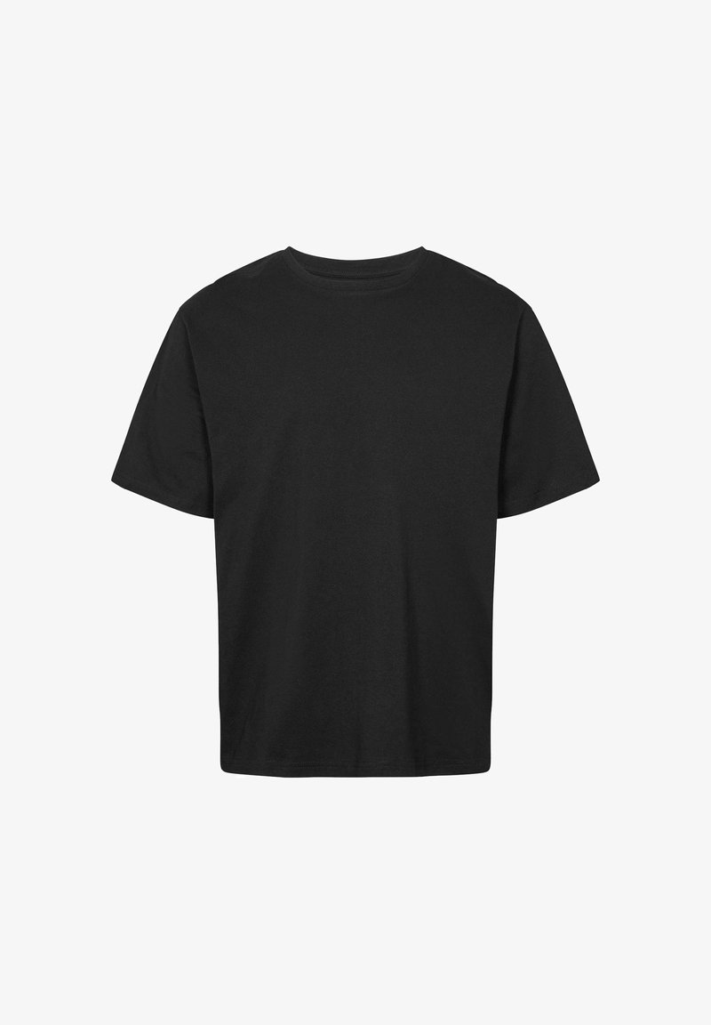 T-shirt noir uni à manches courtes et col rond, coupe décontractée, présenté sur un fond blanc.