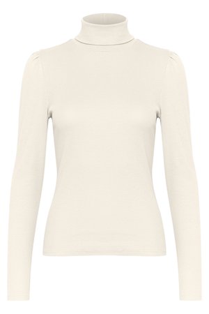 Light beige long-sleeve turtleneck top with a ribbed texture and gathered shoulder seams, featuring a fitted silhouette and soft fabric.