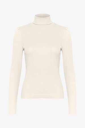 Svijetlosmeđi dugi rukavi turtleneck vrh s rebrastom teksturom i nabrala ramena, s prilagođenim siluetom i mekanim materijalom.