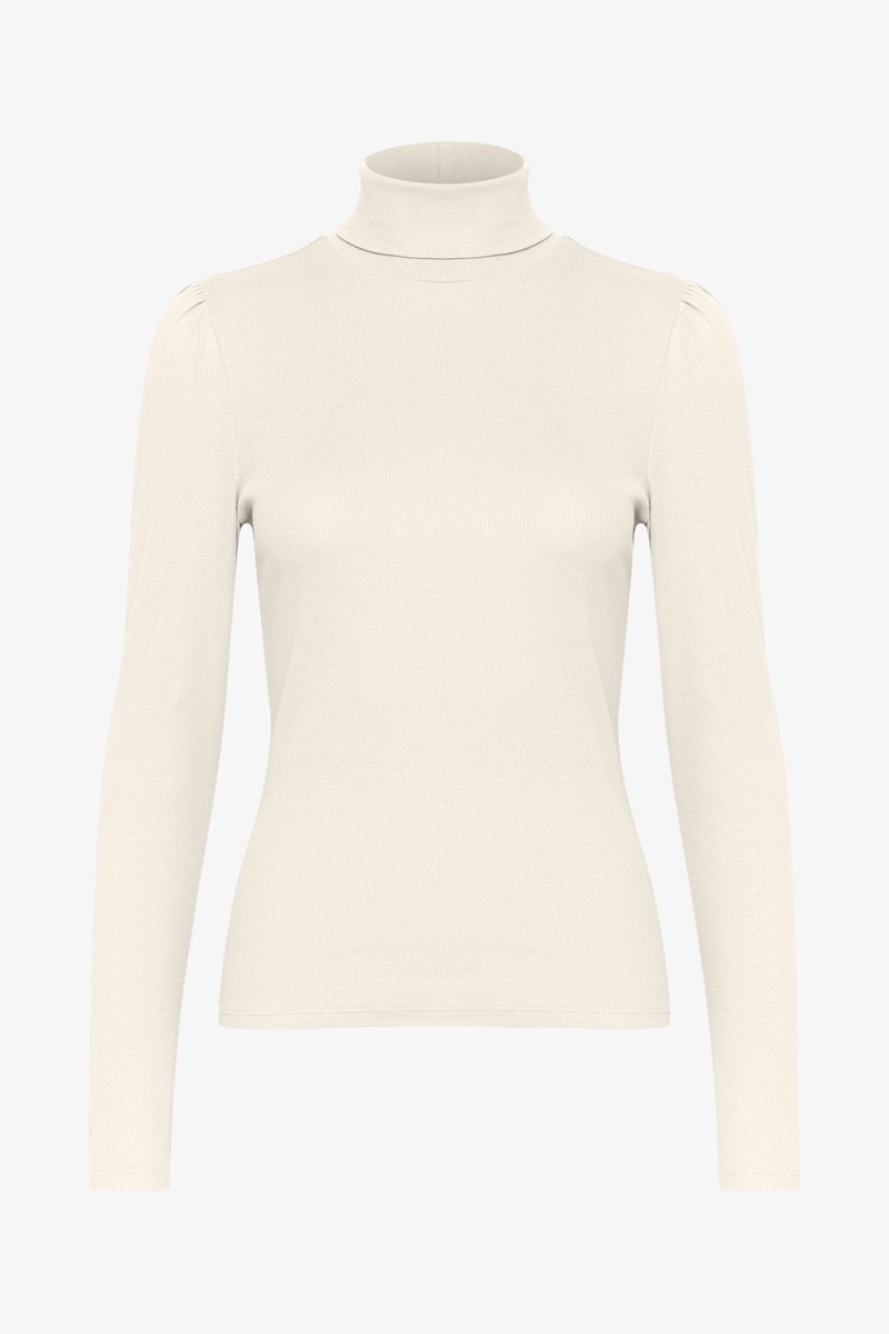 Svetlo béžový dlhý rukáv turtleneck s ribbed textúrou a zberanými ramennými švami, s priliehavým siluetou a jemnou látkou.