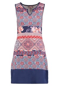 Sukienka bez rękawów z mieszanką wzorów kwiatowych i geometrycznych w kolorze granatowym, czerwonym i białym, wykonana z miękkiego, gładkiego materiału, z dekoltem w kształcie V.