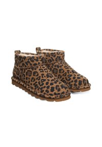 Braune und schwarze Leopardenmuster-Ankle Boots mit einer weichen Innenauskleidung, abgerundeten Zehen und strukturierten Gummisohlen für besseren Halt.