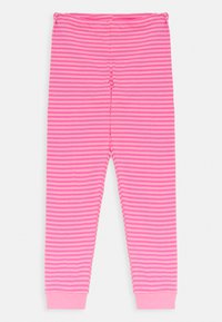 Pink striped leggings featuring a stretchy waistband and tapered legs, made from soft fabric with contrasting cuff details.