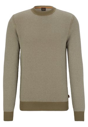 Pull homme à manches longues col rond couleur vert olive avec un motif en maille petit losange texturé et bords-côtes aux poignets et à l’ourlet.