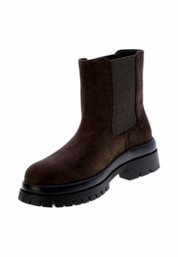 Stivale alla caviglia in suede marrone con pannelli elastici laterali, suola in gomma nera chunky e upper testurizzato per grip e comfort. Design a gamba dritta.