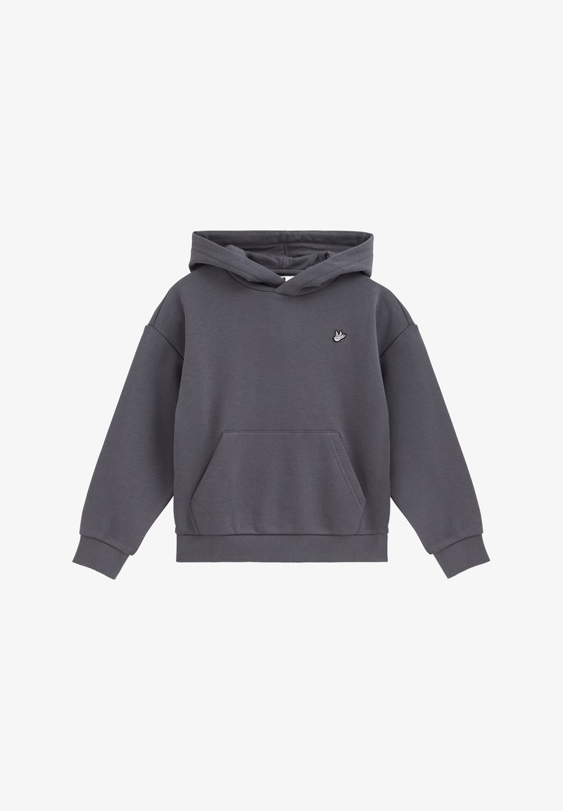 Sweat à capuche gris foncé avec manches longues, poche avant, poignets et ourlet côtelés, et un petit logo oiseau blanc sur la poitrine.