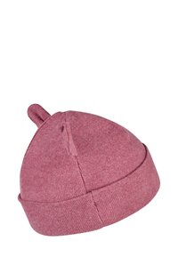 Pink knitted beanie hat with a folded brim, textured fabric, and two small ear-like accents at the top.
