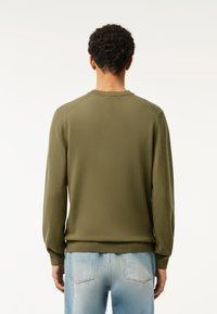 Maglione verde oliva con maniche lunghe, polsini e orlo a coste, realizzato in tessuto testurizzato. Visto da dietro, abbinato a jeans azzurri chiari.