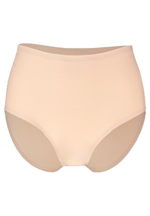 Beige high-waisted corrigerend ondergoed met een naadloos ontwerp, een soepele textuur en iets donkerdere paneel details aan de zijkanten.