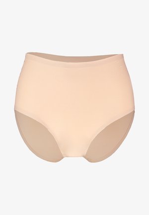 Kermanväriset korkeavyötäröiset muotoilevat alushousut ilman saumoja, sileä pinta ja hieman tummemmat paneelit sivuilla.