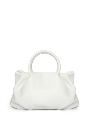 Borsa bianca morbida con texture gonfia e grandi manici circolari, in piedi contro uno sfondo bianco semplice.