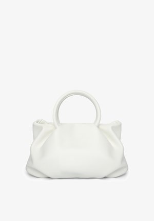 Borsa bianca morbida con texture gonfia e grandi manici circolari, in piedi contro uno sfondo bianco semplice.