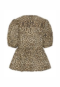 Blouse à imprimé léopard avec manches courtes bouffantes et taille à basque froncée, vue de dos.