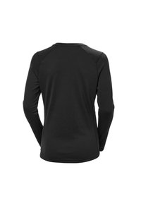 Czarna koszula z długim rękawem, wykonana z lekkiej, teksturowanej tkaniny. Posiada rękawy raglanowe i okrągły dekolt, z gładkim, jednolitym tyłem.