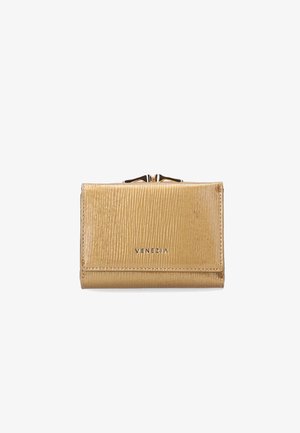 Metallic gold wallet with textured surface, featuring a clasp closure and the brand name "VENEZIA" embossed on the front. Compact rectangular shape.