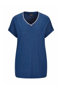 Marineblauwe V-hals T-shirt met korte mouwen, gemaakt van zachte stof. Kenmerkt zich door een lichtblauwe accent bij de halslijn en eenLoose fit.