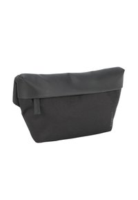 Borsa impermeabile nera con chiusura a zip e parte superiore pieghevole, realizzata in tessuto resistente, adatta per portare piccoli oggetti.