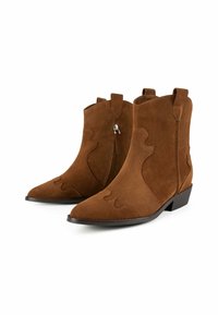 Stivali alla caviglia in suede marrone con punte affilate e cuciture decorative. Presentano una cerniera laterale e linguette per facilitarne l'indossamento. Tacco basso a blocco.