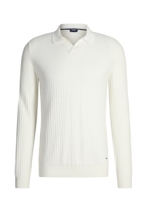 Pull polo blanc à manches longues en tissu tricoté côtelé. Présente un col classique et un détail de logo discret à l'ourlet. Texture lisse.