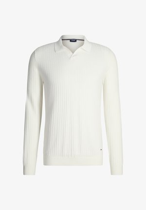 Weißer Polopullover mit langen Ärmeln aus geripptem Strickstoff. Verfügt über einen klassischen Kragen und ein dezentes Logodetail am Saum. Glatte Textur.