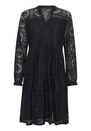 Black lace dress with long sleeves, V-neck, and tiered design. Features intricate floral and geometric patterns, semi-transparent texture.
