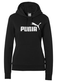 Felpa nera con cappuccio realizzata in misto cotone. Caratterizzata da una tasca a marsupio, polsini a costine e un grande logo bianco "PUMA" sul davanti.