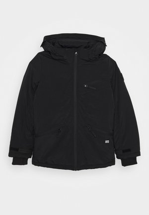 Veste d'hiver noire avec capuche, fermeture éclair frontale, trois poches zippées, poignets ajustables et une petite étiquette de marque près de l'ourlet.