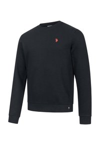 Black sweatshirt with a round neckline, long sleeves, ribbed cuffs, and a small red logo on the chest. Soft fabric with a smooth texture.