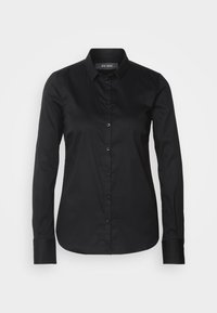 Camicia nera con bottoni realizzata in tessuto liscio, con colletto, maniche lunghe e orlo curvo. Design semplice senza fantasie.