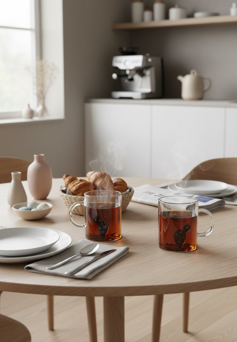 Dwa parujące szklane kubki z herbatą, koszyk z rogalikami, białe talerze, sztućce oraz miękka dekoracja na okrągłym, drewnianym stole jadalnianym.