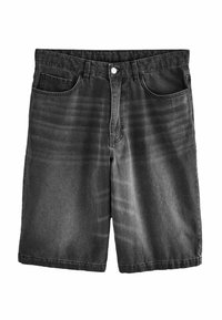 Shorts en denim noir avec poches avant, passants pour ceinture et fermeture par bouton métallique, présentés à plat sur un fond blanc.