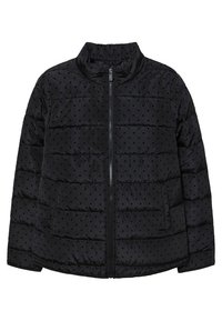 Puffer jacket in solid black with a quilted pattern. Features a high collar, zip closure, and side pockets. Soft, textured fabric with polka dots.