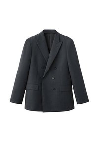 Blazer doppiopetto grigio scuro con rever a lancia, due tasche frontali e bottoni neri, realizzato in tessuto strutturato per un aspetto formale.