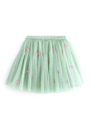 Jupe en tulle verte avec une taille élastique froncée, ornée de nombreux arcs-en-ciel brodés multicolores dispersés sur le tissu.