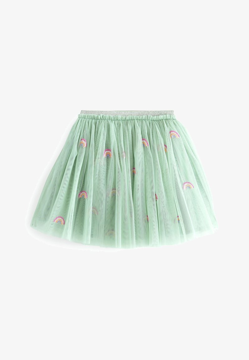 Jupe en tulle verte avec une taille élastique froncée, ornée de nombreux arcs-en-ciel brodés multicolores dispersés sur le tissu.