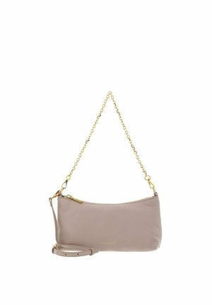 Sac bandoulière en cuir beige avec bandoulière chaîne dorée et fermeture éclair, petite forme rectangulaire, texture lisse.
