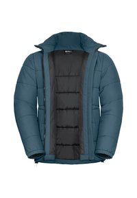 Giacca imbottita color teal con colletto alto e fodera interna nera. Presenta chiusura con zip, polsini elasticizzati e tasche laterali.