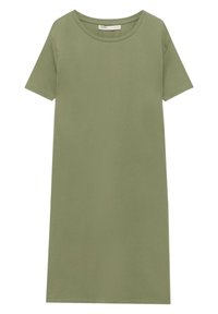 Ein schlichtes, olivgrünes, knieumspielendes Kleid mit kurzen Ärmeln, rundem Ausschnitt, geradem Schnitt und minimaler Detailgestaltung.