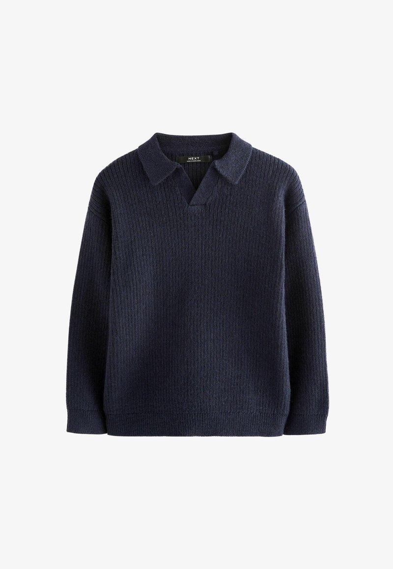 Maglione a maniche lunghe lavorato a maglia blu navy scuro con una trama a coste e un collo corto con una leggera apertura a V.